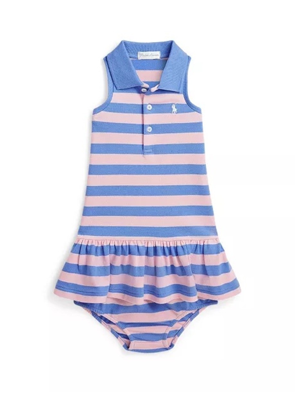 Ralph Lauren Baby Girl Polo Dress 12M Pink Blue Striped w Bloomers EUC